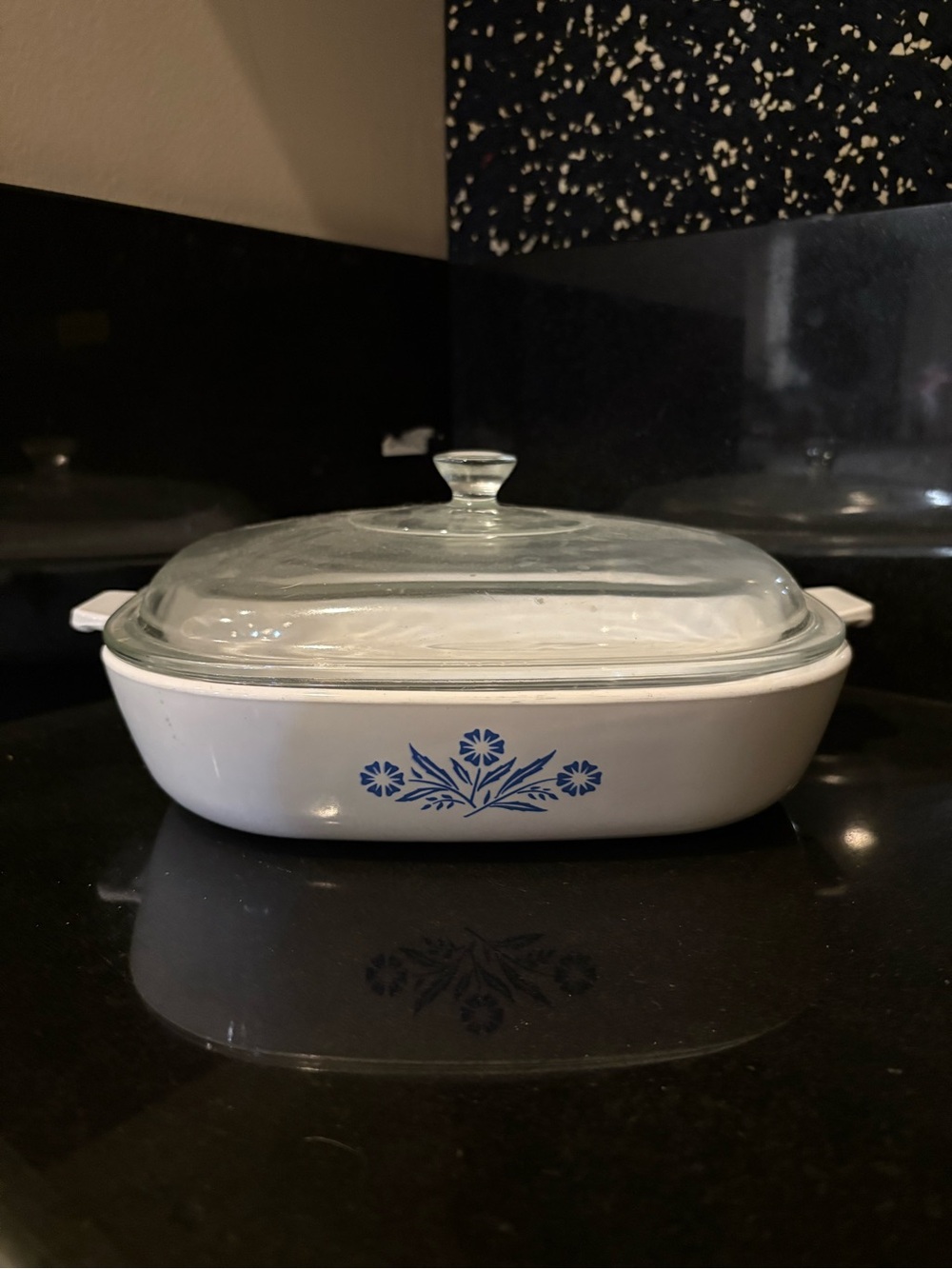 Corningware White Covered Casserole with Blue Floral Motif